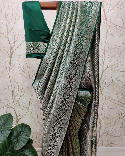 Emerald Green & Silver Banarasi Soft Silk Saree