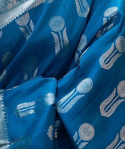 Royal Blue Banarasi Silk Saree with Silver Zari Butta & Rich Pallu