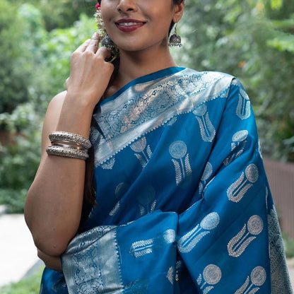 Royal Blue Banarasi Silk Saree with Silver Zari Butta & Rich Pallu