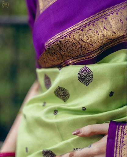 Majestic Lime Green & Royal Purple Kanjivaram Silk Saree with Rich Zari Border
