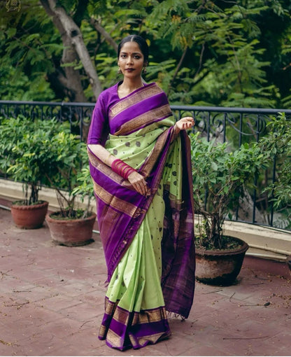 Majestic Lime Green & Royal Purple Kanjivaram Silk Saree with Rich Zari Border