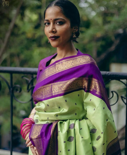 Majestic Lime Green & Royal Purple Kanjivaram Silk Saree with Rich Zari Border