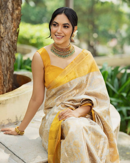 Mustard Yellow Banarasi Soft Silk Saree with Silver Zari Work