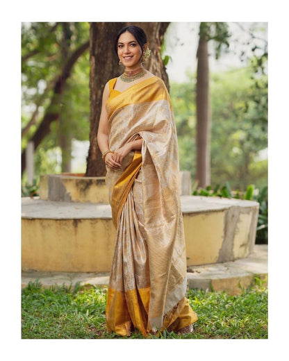 Mustard Yellow Banarasi Soft Silk Saree with Silver Zari Work