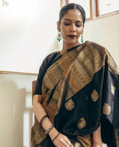 Black & Antique Gold Banarasi Soft Silk Saree