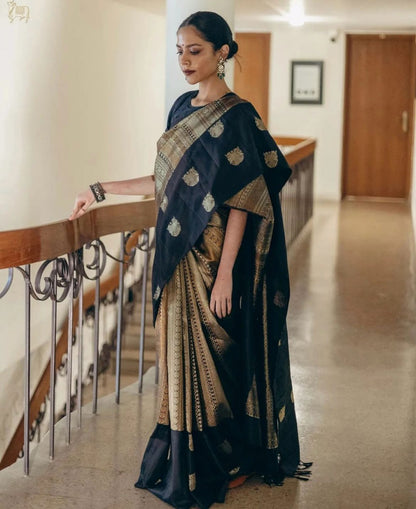 Black & Antique Gold Banarasi Soft Silk Saree