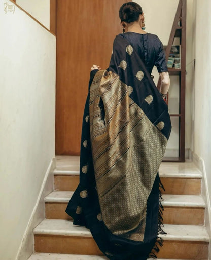 Black & Antique Gold Banarasi Soft Silk Saree