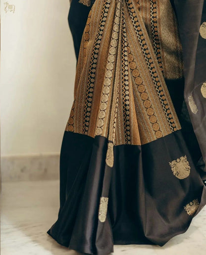 Black & Antique Gold Banarasi Soft Silk Saree
