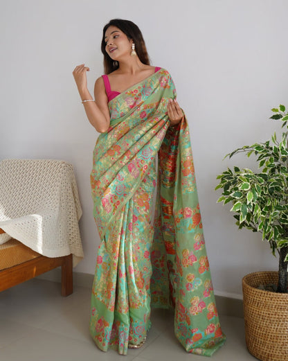 Floral Banarasi Soft Silk Saree – Elegant Pastel & Bold Tones