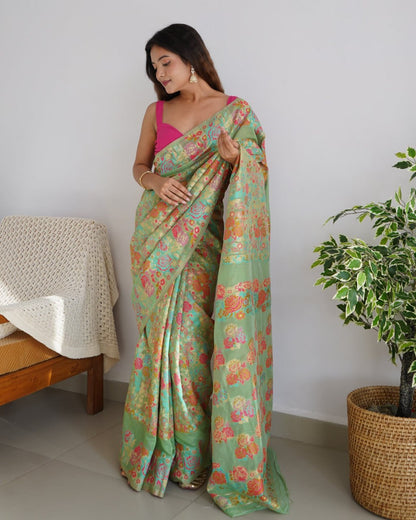 Floral Banarasi Soft Silk Saree – Elegant Pastel & Bold Tones