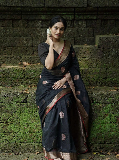 Elegant Black Kanchipuram Silk Saree with Antique Zari Border by StylistPot