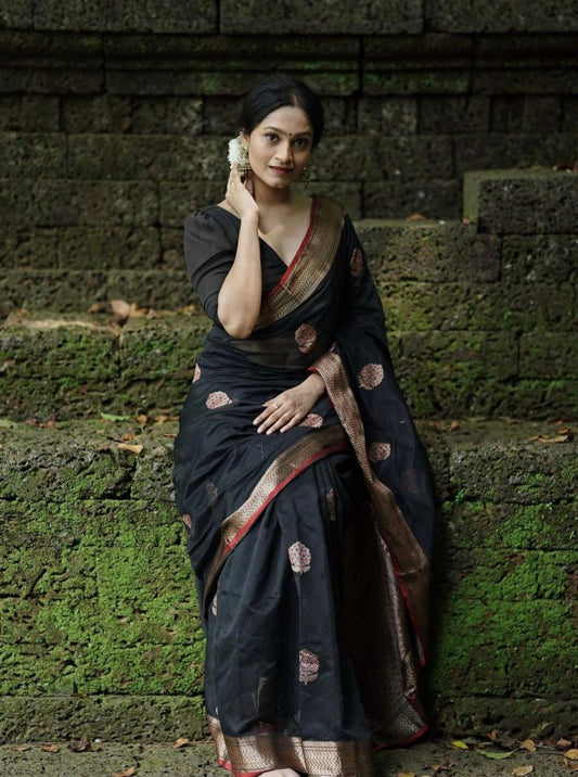 Elegant Black Kanchipuram Silk Saree with Antique Zari Border by StylistPot