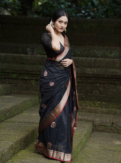 Elegant Black Kanchipuram Silk Saree with Antique Zari Border by StylistPot