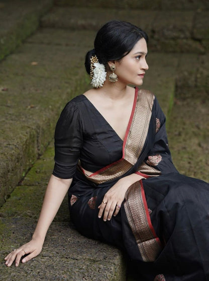 Elegant Black Kanchipuram Silk Saree with Antique Zari Border by StylistPot