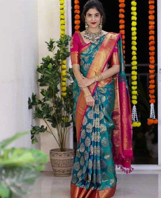 Royal Teal & Pink Kanjivaram Silk Saree with Golden Zari Weaving by StylistPot