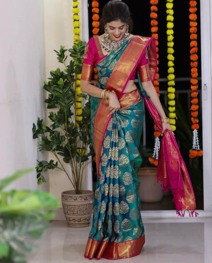 Royal Teal & Pink Kanjivaram Silk Saree with Golden Zari Weaving by StylistPot