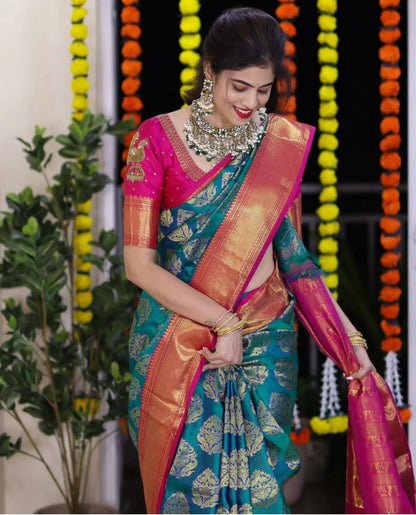 Royal Teal & Pink Kanjivaram Silk Saree with Golden Zari Weaving by StylistPot
