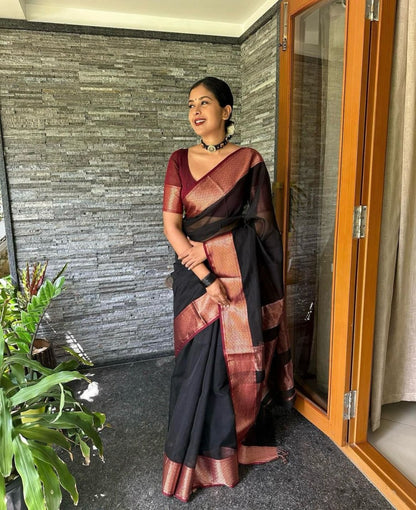 Black & Maroon Kanjivaram Soft Silk Saree