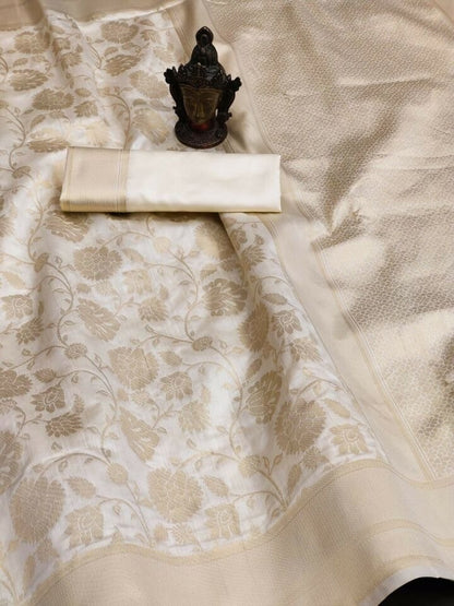 Royal Off-White Kanjivaram Silk Saree with Golden Zari Elegance by StylistPot