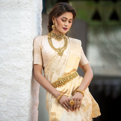 Royal Off-White Kanjivaram Silk Saree with Golden Zari Elegance by StylistPot