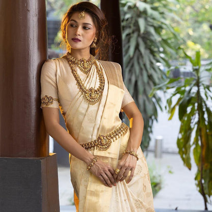 Royal Off-White Kanjivaram Silk Saree with Golden Zari Elegance by StylistPot