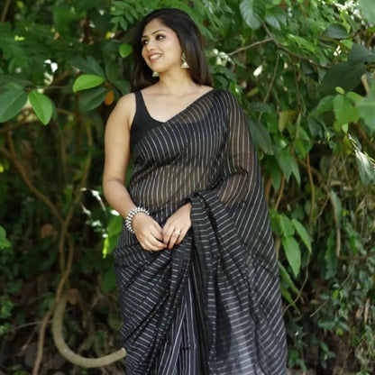 Black Silver Striped Organza Silk Saree