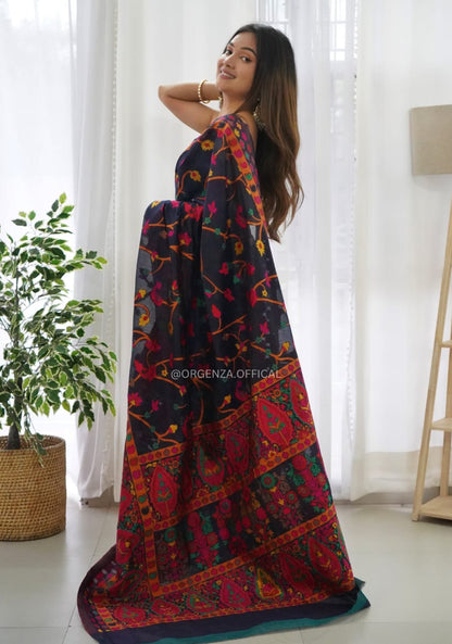 Multicolor Kashmiri Embroidered Organza Silk Saree