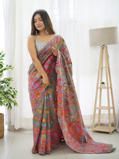 Multicolor Kashmiri Embroidered Organza Silk Saree