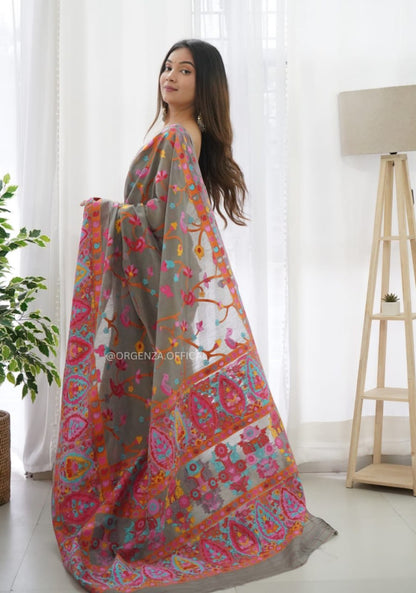 Multicolor Kashmiri Embroidered Organza Silk Saree