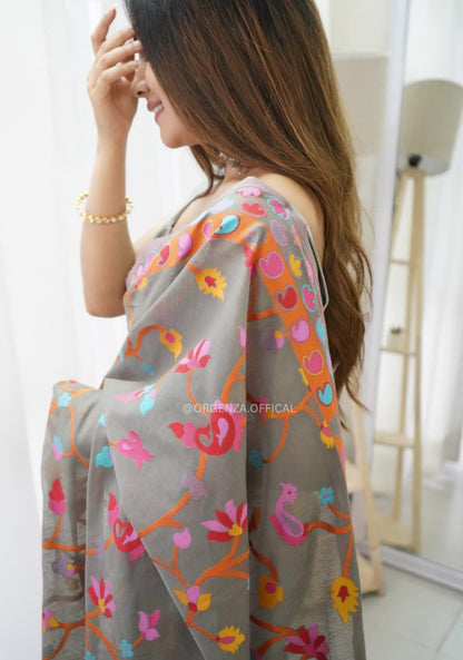 Multicolor Kashmiri Embroidered Organza Silk Saree