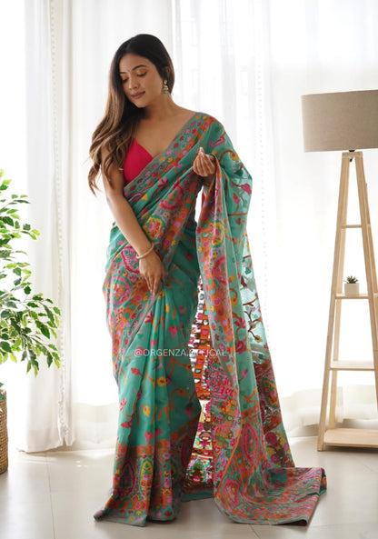 Multicolor Kashmiri Embroidered Organza Silk Saree