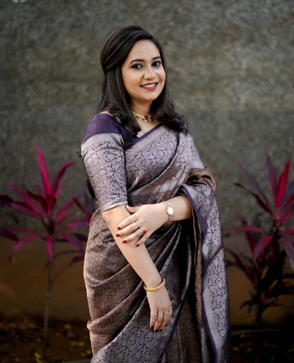Royal Violet Silk Saree with Intricate Zari Weaving Elegance