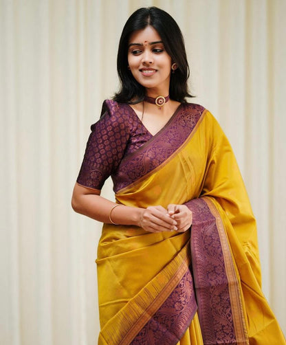Yellow Banarasi Silk Saree with Purple Zari Border