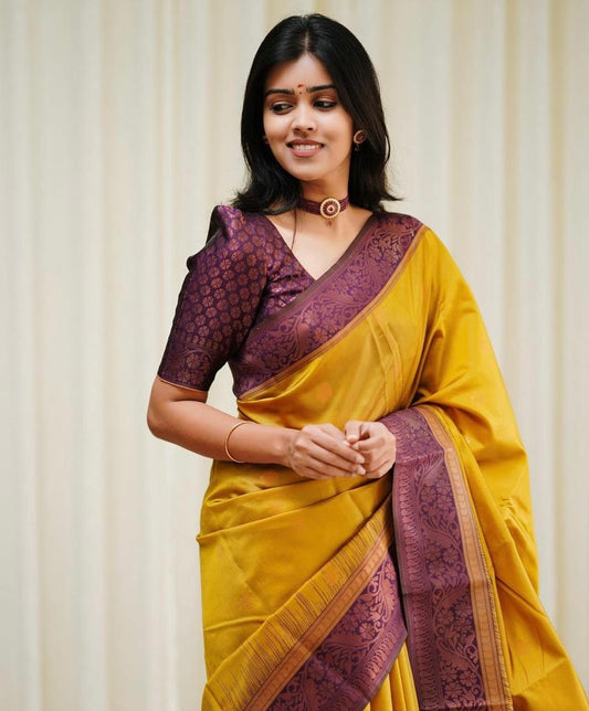 Yellow Banarasi Silk Saree with Purple Zari Border