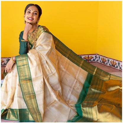 White & Green Banarasi Silk Saree with Rich Zari Border