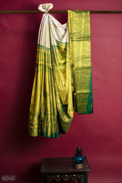 White & Green Banarasi Silk Saree with Rich Zari Border