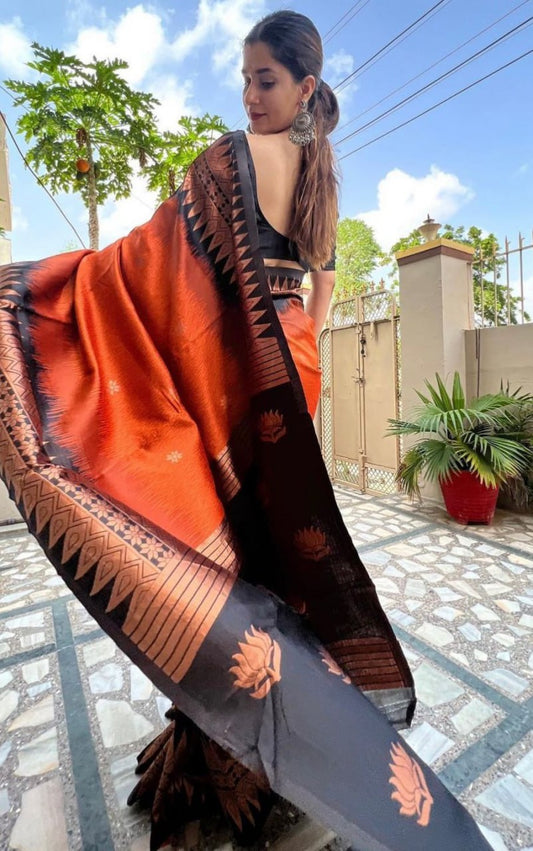 Black & Copper Banarasi Soft Silk Saree with Intricate Zari Brocade Border