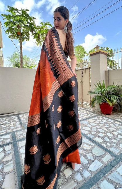 Black & Copper Banarasi Soft Silk Saree with Intricate Zari Brocade Border