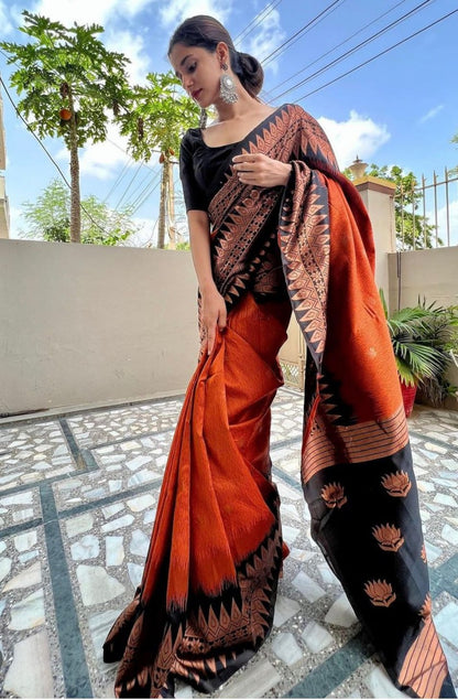 Black & Copper Banarasi Soft Silk Saree with Intricate Zari Brocade Border