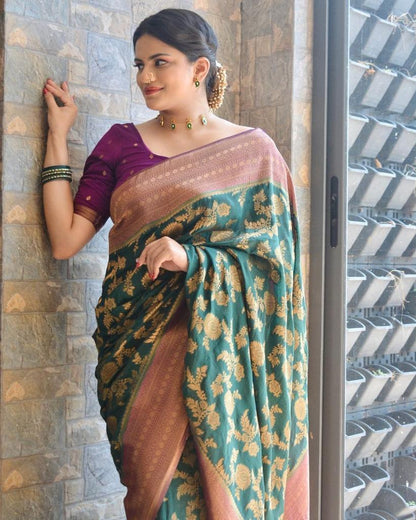 Emerald Enchantment Soft Cotton Silk Saree with Royal Gold Zari Weaving & Plum Border