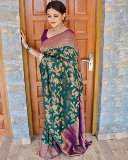 Emerald Enchantment Soft Cotton Silk Saree with Royal Gold Zari Weaving & Plum Border