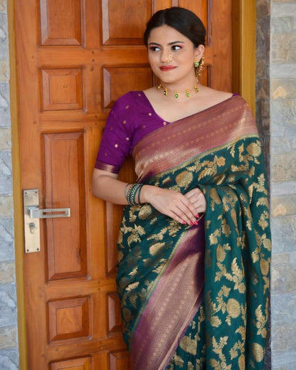 Emerald Enchantment Soft Cotton Silk Saree with Royal Gold Zari Weaving & Plum Border