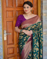Emerald Enchantment Soft Cotton Silk Saree with Royal Gold Zari Weaving & Plum Border