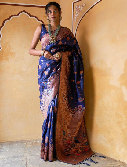 Royal Blue Banarasi Silk Saree with Copper Zari Weaving
