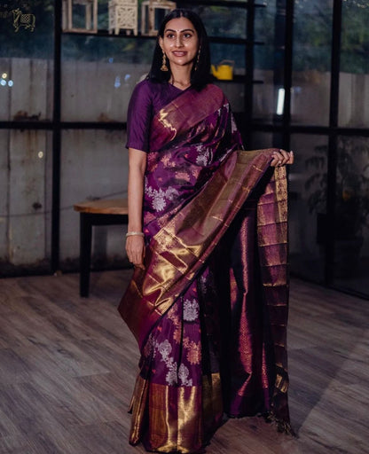 Royal Plum Banarasi Soft Silk Saree with Golden Zari Weaving & Temple Motif Border