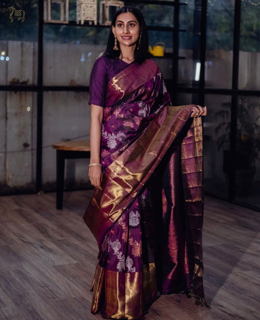 Royal Plum Banarasi Soft Silk Saree with Golden Zari Weaving & Temple Motif Border