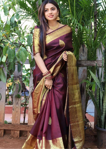 Wine Maroon Kanchipuram Banarasi Silk Saree with Golden Zari Weaving