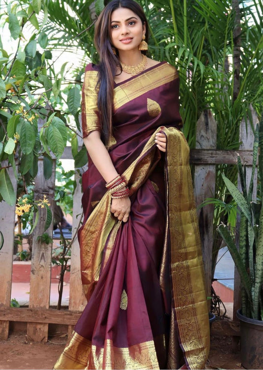 Wine Maroon Kanchipuram Banarasi Silk Saree with Golden Zari Weaving