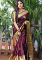 Wine Maroon Kanchipuram Banarasi Silk Saree with Golden Zari Weaving