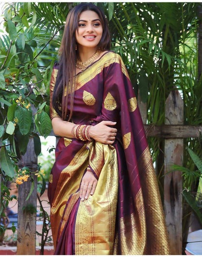 Wine Maroon Kanchipuram Banarasi Silk Saree with Golden Zari Weaving